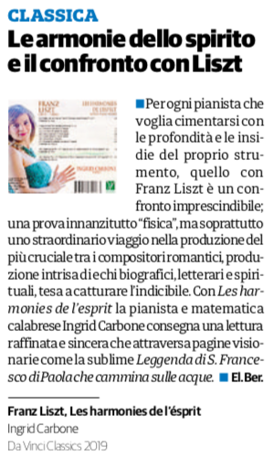 CD Review in Il Cittadino di Lodi June 29th, 2019 – “Liszt: Les harmonies de l’esprit”