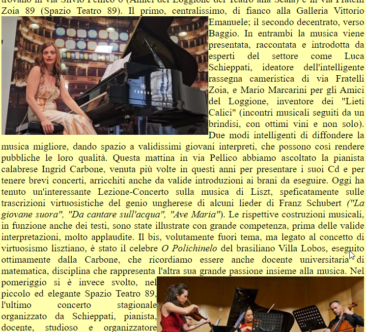 Lecture-Concert review by Cesare Guzzardella on Corrierebit May 12th, 2024 – Two musical meetings today in Milan
